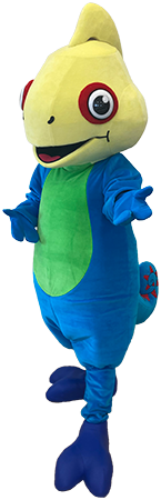 Elabika maskotka duży niebiesko-żółto-zielony kameleon strój reklamowy.
