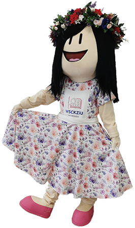 Maskotka w postaci dziewczyny z wiankiem na głowie Florcia